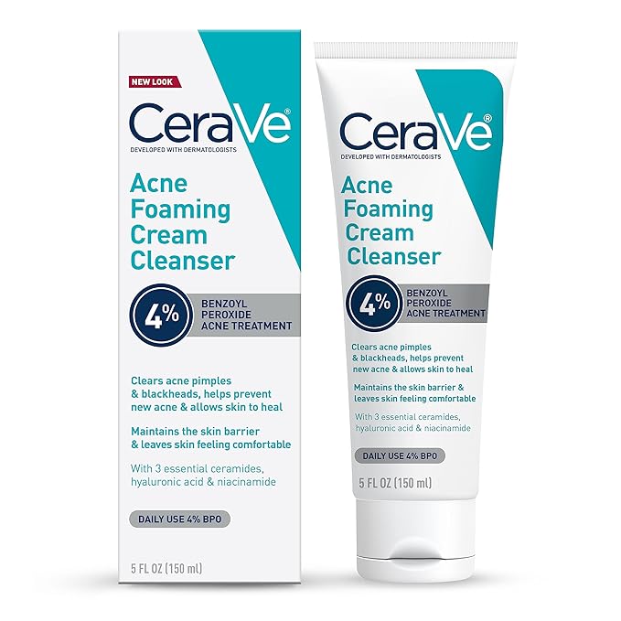 CeraVe Acne Foaming Cream Cleanser, 4% Benzoyl Peroxide Face Wash With Hyaluronic Acid, Niacinamide & Ceramides, Gentle Daily Acne Treatment For Face-FemmiqueWomen