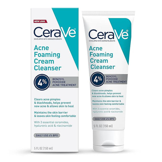 CeraVe Acne Foaming Cream Cleanser, 4% Benzoyl Peroxide Face Wash With Hyaluronic Acid, Niacinamide & Ceramides, Gentle Daily Acne Treatment For Face-FemmiqueWomen