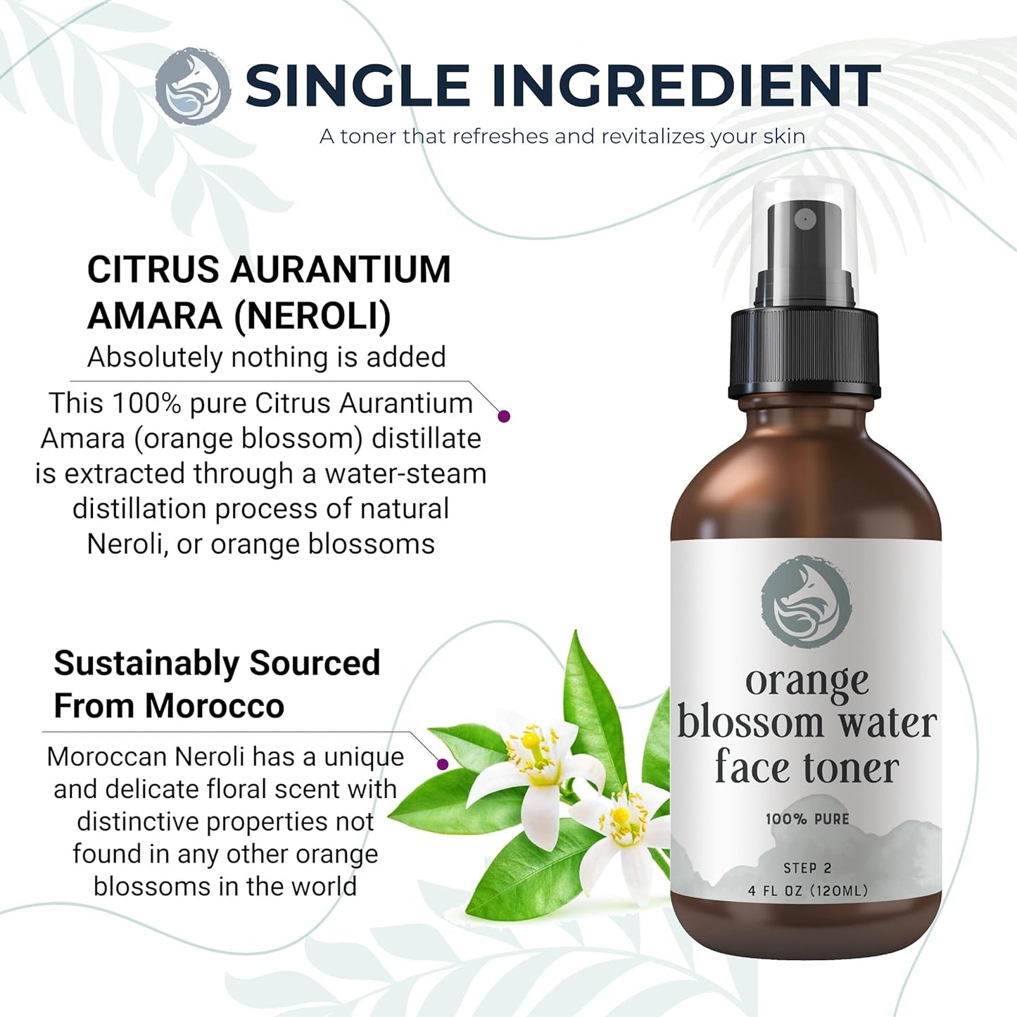 Orange Blossom Water Face Toner - Alcohol-Free Daily Facial Toner Spray 100% Natural for Sensitive Skin Acne and Breakouts - Best to Tone Tighten and Clear Pores - 120mL/4.oz by Foxbrim-FemmiqueWomen