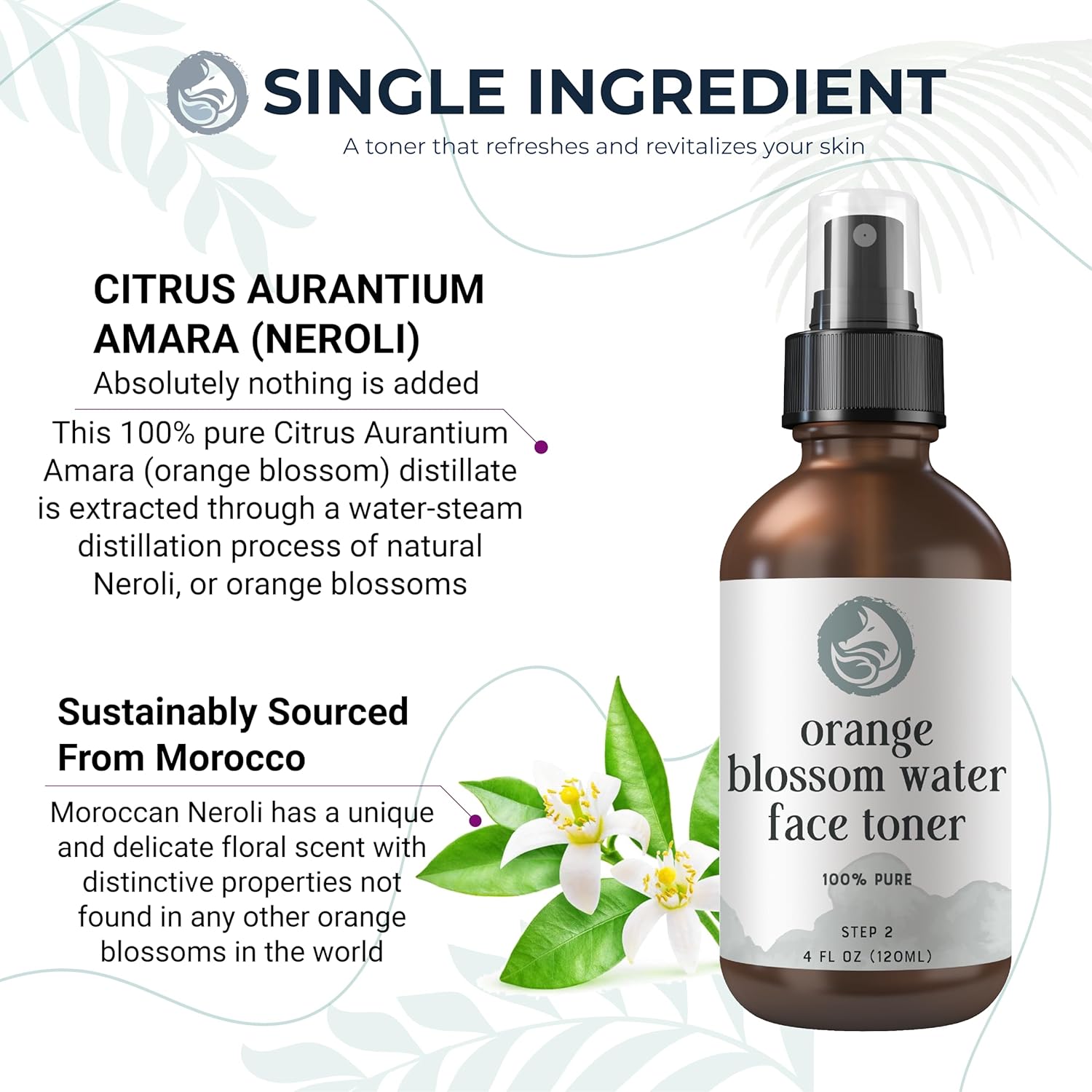 Orange Blossom Water Face Toner - Alcohol-Free Daily Facial Toner Spray 100% Natural for Sensitive Skin Acne and Breakouts - Best to Tone Tighten and Clear Pores - 120mL/4.oz by Foxbrim-FemmiqueWomen