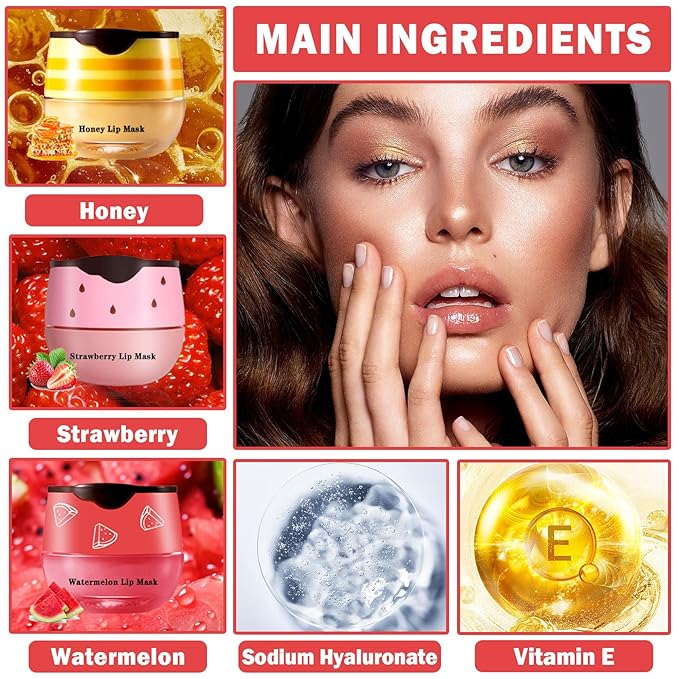 3PCS Bee Lip Balm Honey Pot Honey Strawberry Watermelon Lip Balm Sleeping Lip Mask Silky Hydrating Bee Lip Balm Honey Lip Mask Overnight Lip Care Products(Honey+Strawberry+Watermelon)-FemmiqueWomen