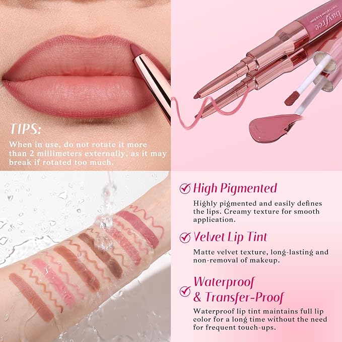 2-IN-1 Lip Liner and Lip Stain, High Pigmented Long Lasting Velvet Lip Tint, Well-Defined Lipliner, Weightless Waterproof Not Animal Tested, Matte Finish Makeup-FemmiqueWomen