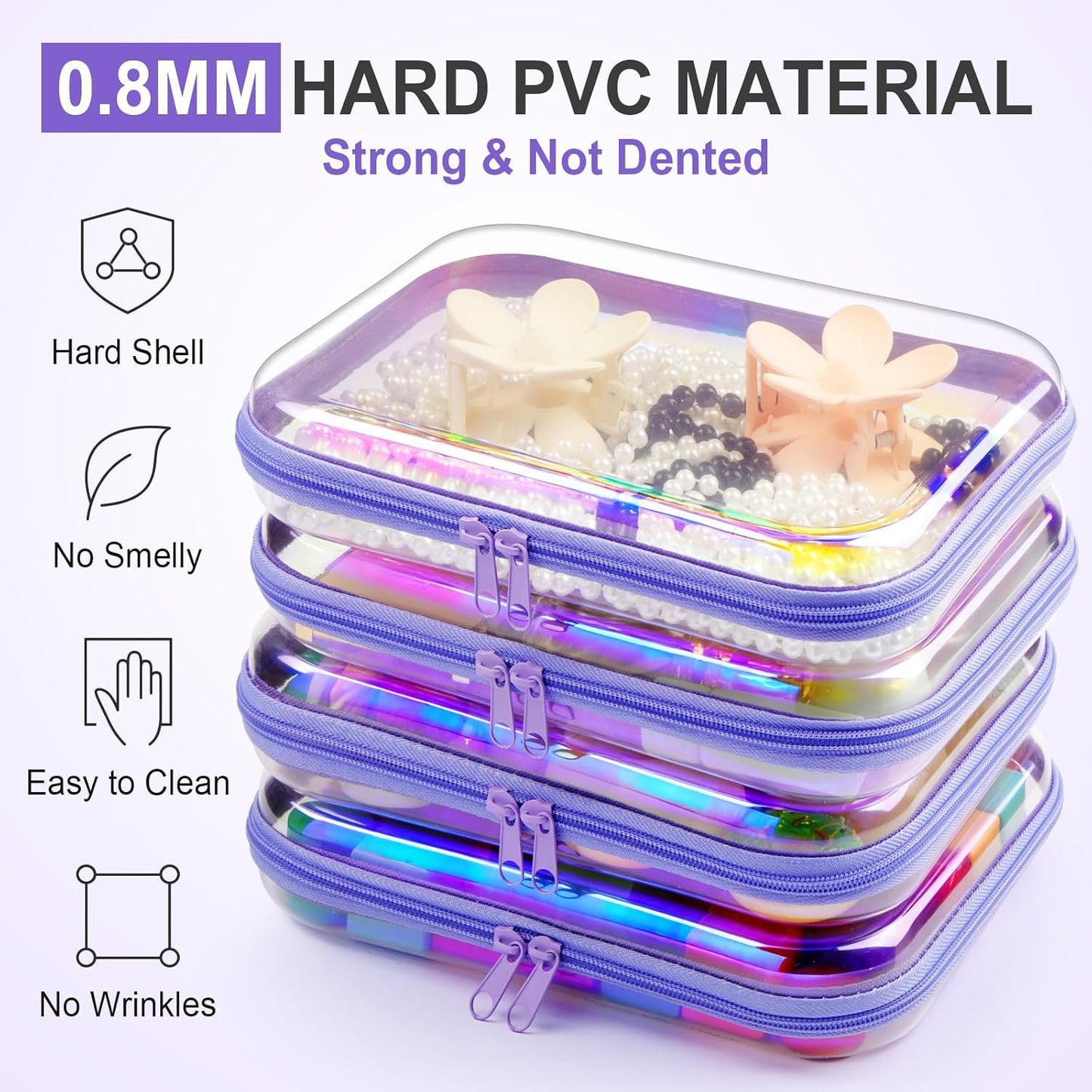 Hoolerry 4 Pcs Hard Clear Zipper Case Makeup Bags Plastic Pencil Pouch Transparent Storage Box Containers for Cosmetics, Snacks, Building Blocks, Puzzles(Purple Laser,9.8 x 7.9 x 2 in)-FemmiqueWomen