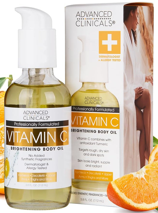 Advanced Clinicals Vitamin C illuminating Body Oil For Women & Men |Vitamin C Oil Skin Care Body Moisturizer With Vitamin E + Botanicals To Help Improve Appearance Of Dark Spots + Dry Skin, 3.8 Fl Oz-FemmiqueWomen