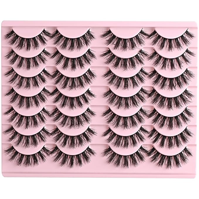 FARRED Fluffy Lashes Natural Eyelashes Short Wispy Eye Lash Strips 14 Pairs Separated Volume Eyelash Pack 16mm Dramatic Wispies Fake Strip Lashes Clusters Cat Eye Pestañas Spiky Look (F24 | 9-16mm)-FemmiqueWomen