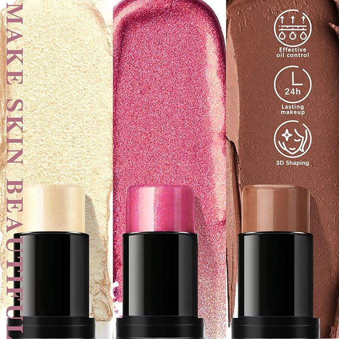 3Pcs Contour Highlighter Cream Blush Stick for Cheeks Eyes Lips Lightweight Dewy Finish Blush Stick Waterproof Long Lasting Contour Stick Trio Wand Face Makeup Set for Girls and Women (1+3+4)-FemmiqueWomen