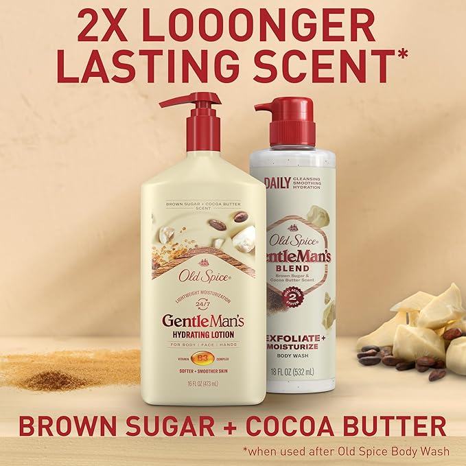 Old Spice Hand, Face & Body Lotion for Men, 24/7 Lightweight Moisturization with Vitamin B3, Instant Absorption, For All Skin Types, Brown Sugar + Cocoa Butter Scent, 16 oz-FemmiqueWomen