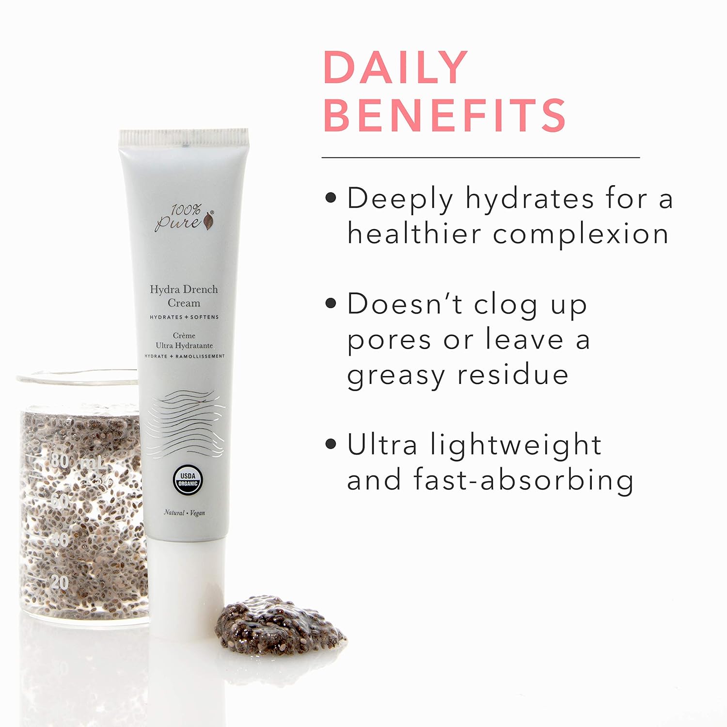 100% PURE Hydra Drench Cream, Daily Face Moisturizer with Hyaluronic Acid, Rose Water, Skin Care for All Skin Types, Natural Face Cream - 1.4 Fl Oz-FemmiqueWomen