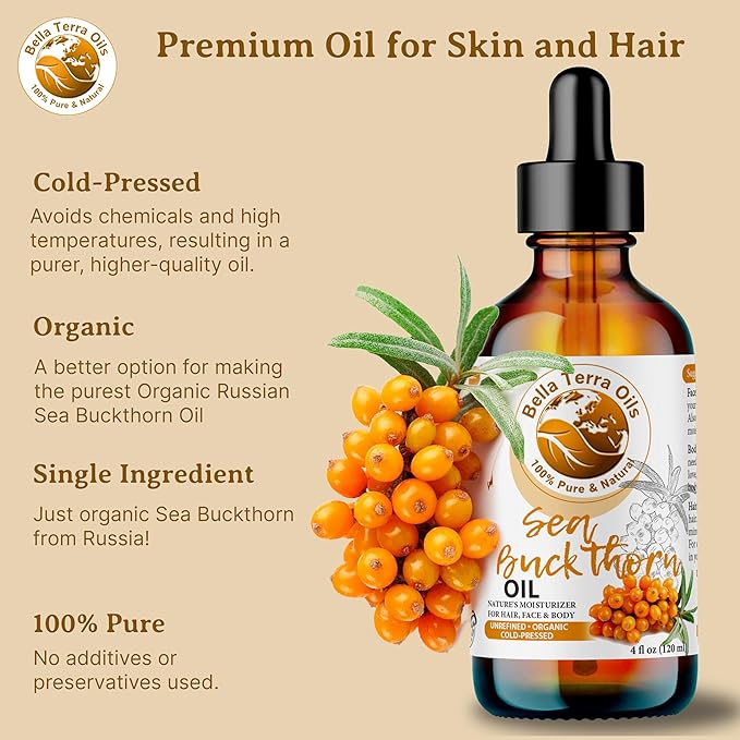 Bella Terra Oils - Organic Sea Buckthorn Oil 8oz - Cold-Pressed Treasure, Bursting with Omega-3 & Omega-6, A Radiant Glow in Every Bottle-FemmiqueWomen