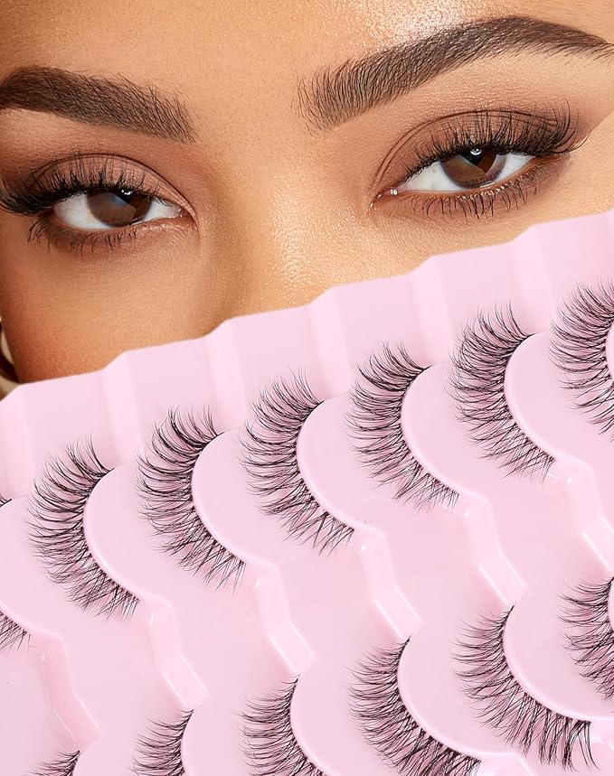 Natural Cat Eye Lashes Natural Eyelashes Wispy Mink Lashes Short Fake Lashes Clear Band Eye Lashes Pack 7 Pairs Small Demi Wispies Eyelashes-FemmiqueWomen