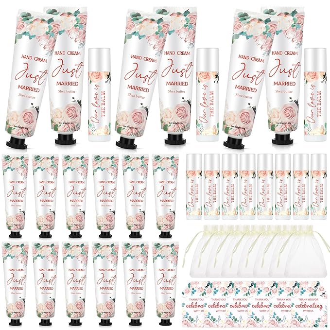 25 Set Wedding Lip Balms and Hand Cream Gift Set Include 25 Moisturizing Hand Care Cream 25 Lip Balms with Thank You Cards and Bags Bridesmaid Gift Set for Bridal Shower Wedding(Floral)-FemmiqueWomen