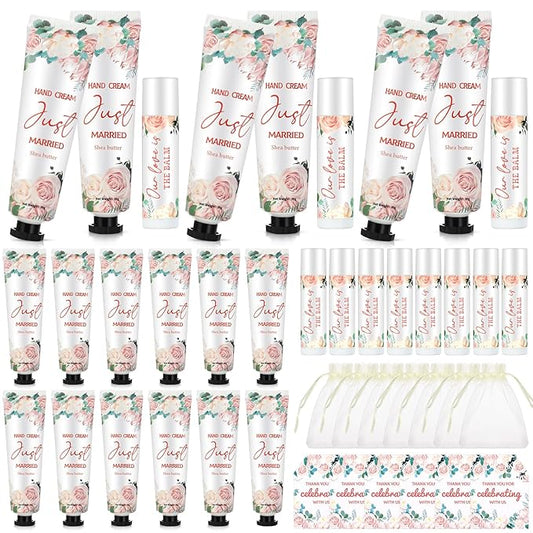 25 Set Wedding Lip Balms and Hand Cream Gift Set Include 25 Moisturizing Hand Care Cream 25 Lip Balms with Thank You Cards and Bags Bridesmaid Gift Set for Bridal Shower Wedding(Floral)-FemmiqueWomen