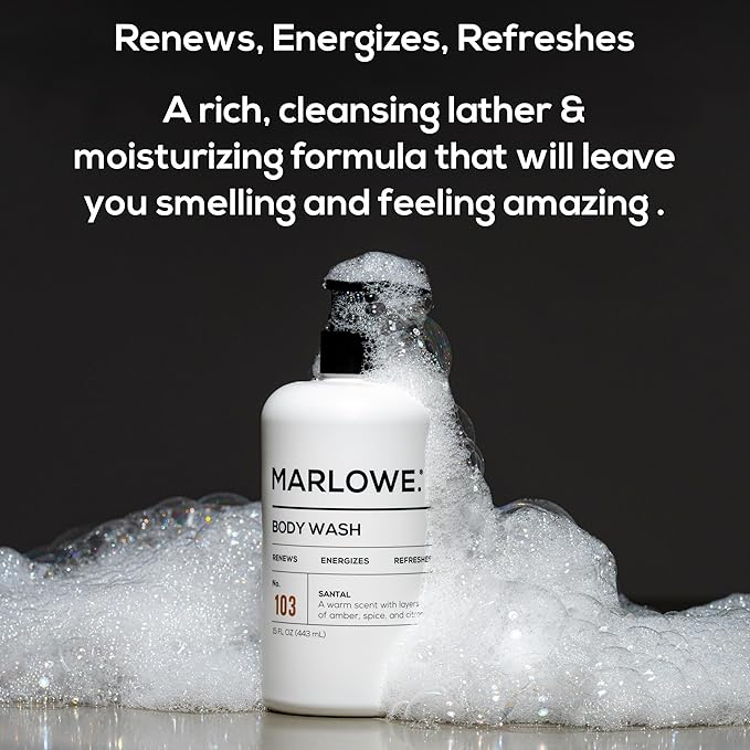 MARLOWE. No. 103 Body Wash 15 oz Pump, Santal, Energizing & Refreshing Shower Gel, Willow Bark & Green Tea Extracts, Cleanses, Moisturizes, Smooths & Nourishes, Warm Amber, Spice & Citron Scent-FemmiqueWomen