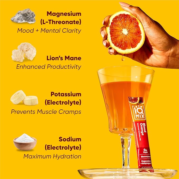 IQMIX Hydration Electrolyte Powder – 4-in-1 Formula for Hydration, Mental Clarity, Mood and Recovery – Sugar-Free Drink Mix, Keto, Magnesium L-Threonate, Lion’s Mane – 20 Count Blood Orange-FemmiqueWomen
