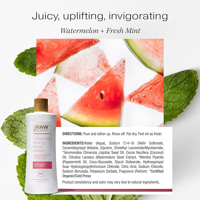 RAW SUGAR Moisture Loving Body Wash - Watermelon + Fresh Mint, Moisturizing & Refreshing Bath & Shower Gel, Sulfate-Free, Paraben-Free & Vegan (Pack of 3)-FemmiqueWomen