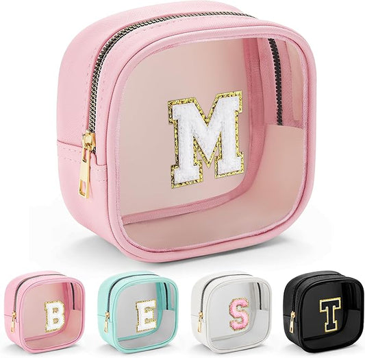 YOOLIFE Mini Initial Makeup Bag | Travel Toiletry Bag | Clear Makeup Bag | Travel Essentials Gifts for Women Teen Girlfriend Teacher Birthday Gifts | Clear Toiletry Bag Small Mini Cosmetic Bag Pink M-FemmiqueWomen