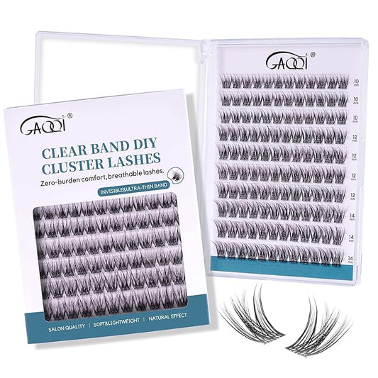 GAQQI Lash Clusters Wispy & Natural Eyelash Clusters Clear Band, 10-14mm Cluster Lashes 120PCS, Cluster Eyelash Extensions C Curl, Cluster Lashes Ultra-thin & Soft Invisivle Band (FEATHER)-FemmiqueWomen