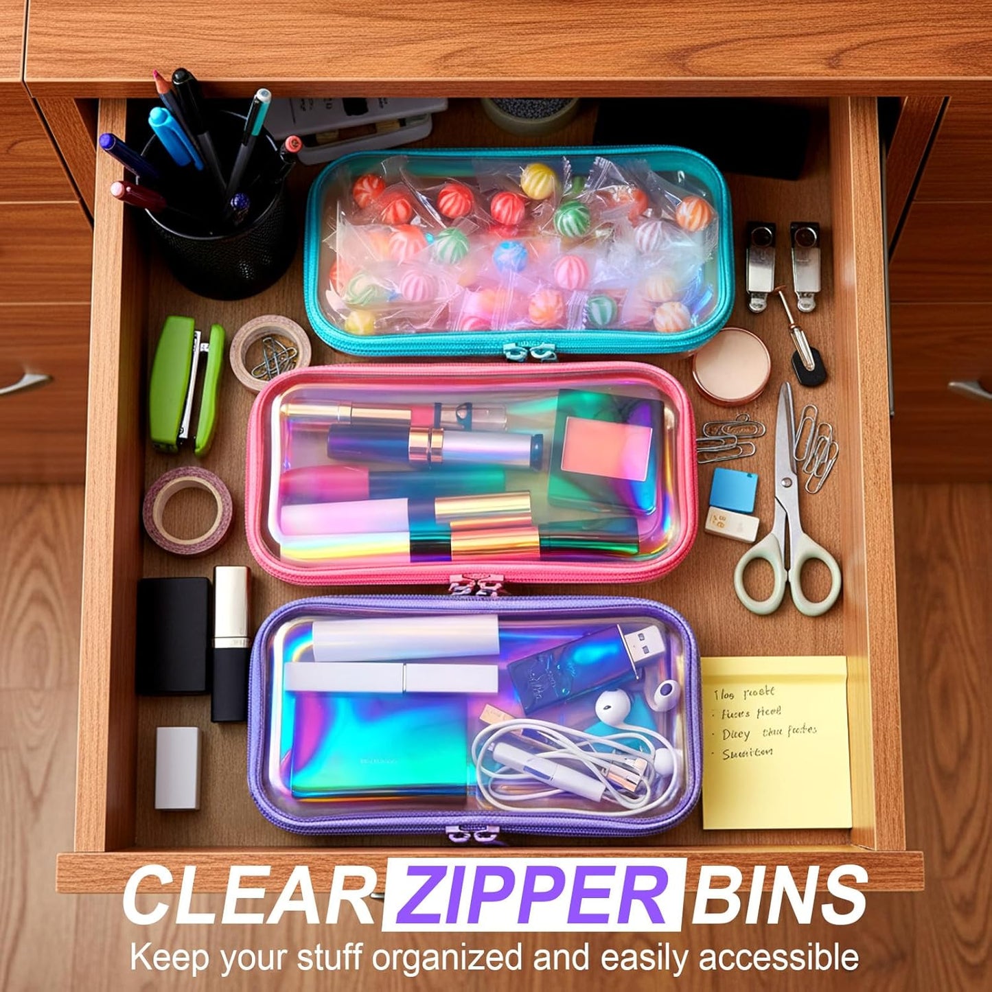 Hoolerry 3 Pcs Clear Hard Zipper Case Plastic Pouch Transparent Hard Case Clear Makeup Bag Portable Travel Organizer Bin for Cosmetics, Building Blocks, Puzzles(Laser,S)-FemmiqueWomen