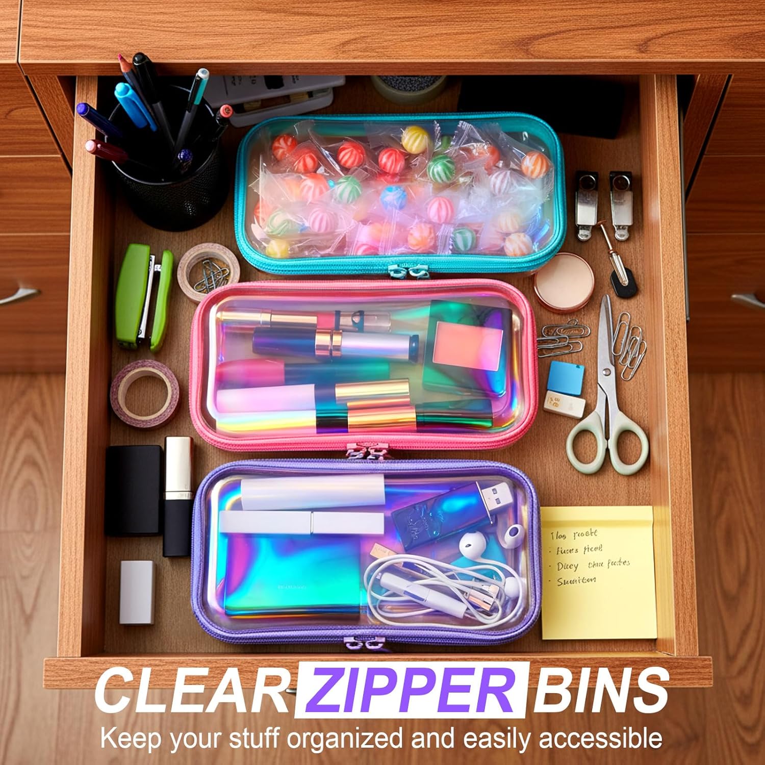 Hoolerry 3 Pcs Clear Hard Zipper Case Plastic Pouch Transparent Hard Case Clear Makeup Bag Portable Travel Organizer Bin for Cosmetics, Building Blocks, Puzzles(Laser,S)-FemmiqueWomen