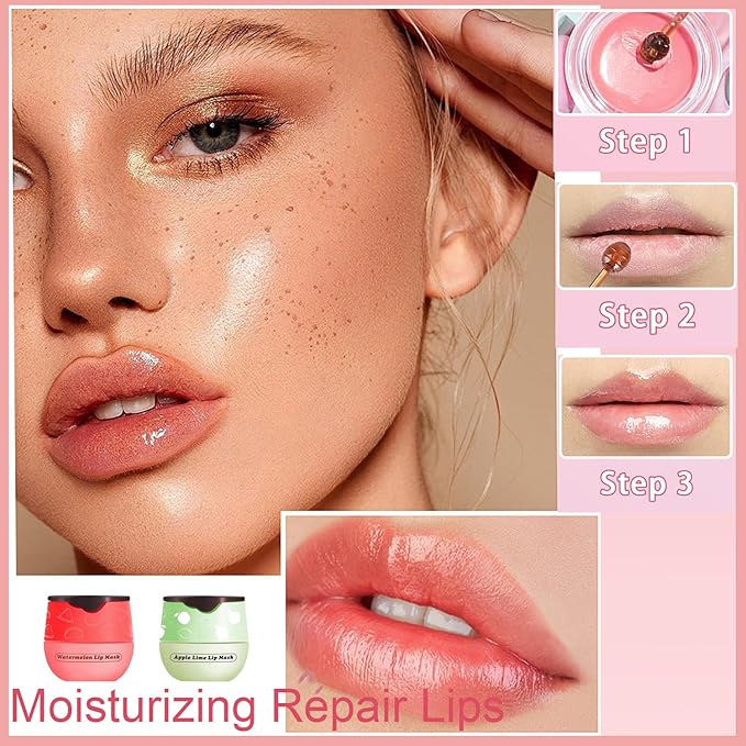 2 PCS Bee Lip Balm Honey Pot, Watermelon Apple Bee Lip Balm Sleeping Lip Mask Overnight with Sticks, Honey Pot Lip Balm Hydrating Exfoliating Prevention Dry and Crack Lip Scrubs-FemmiqueWomen