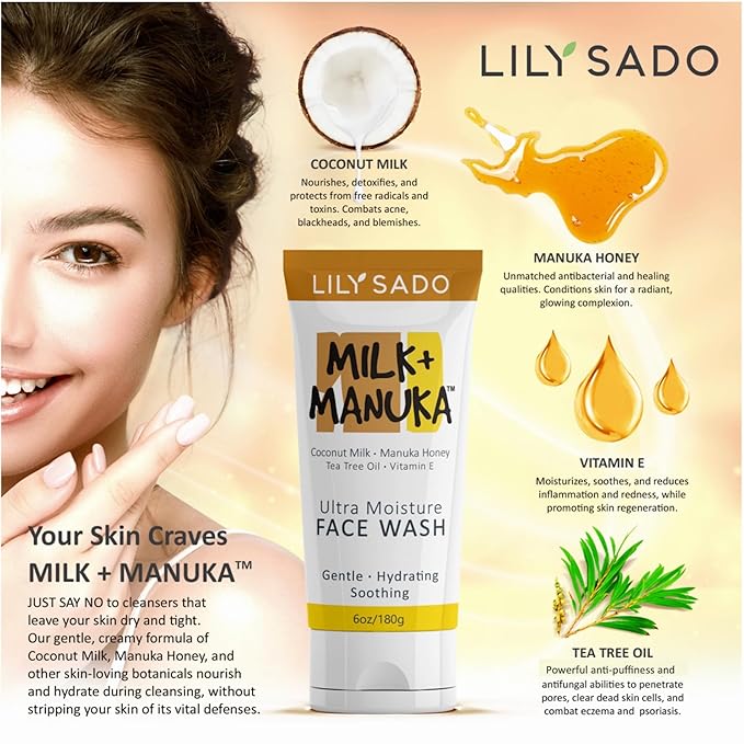 LILY SADO MILK+MANUKA™ Coconut Milk & Manuka Honey Cream Face Cleanser – Natural Ultra Moisturizing Facial Wash Cleanses, Balances, Soothes & Hydrates - Large 6oz-FemmiqueWomen