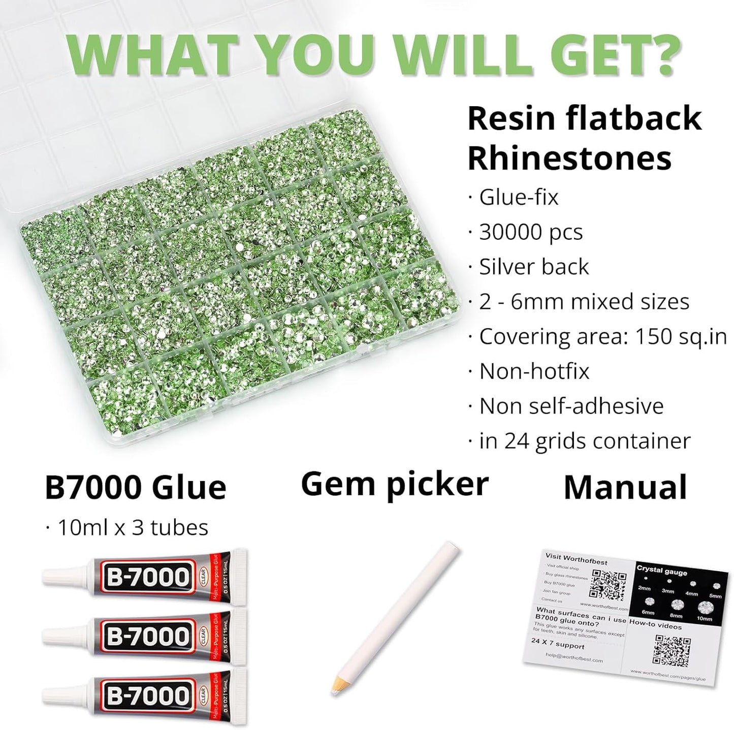 30000Pcs Resin Rhinestones Set for Crafting Bedazzling, Light Green Flatback Gems Jewels for Crafts Clothes Shoes Fabric Outfit Nails Makeup, Flat Back Sage Green Crystal 2-6mm with b 7000 Glue-FemmiqueWomen