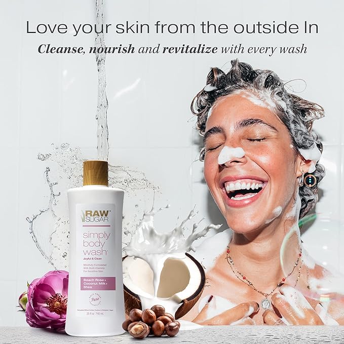 RAW SUGAR Simply Body Wash, Beach Rose + Coconut Milk + Shea (25 Fl Oz, Pack of 1) Sensitive Skin Bath Soap, Formulated without Sulfates & Parabens-FemmiqueWomen