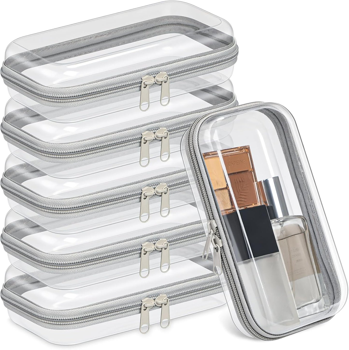 Sanwuta 6 Pcs Clear Hard Zipper Case Pencil Pouches Hard Plastic Zipper Pouches Makeup Bag Transparent Cases for Snacks Plastic Storage Organizer Box for Travel(Gray,7.48 x 3.94 x 2 Inch)-FemmiqueWomen