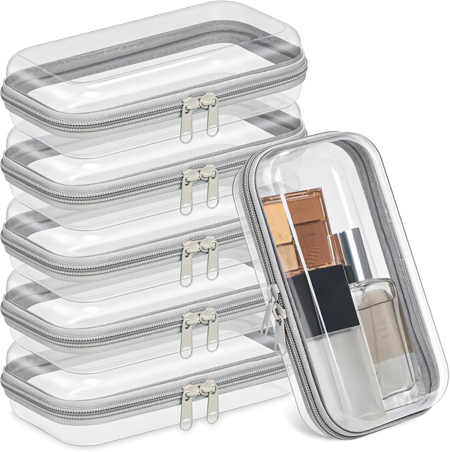 Sanwuta 6 Pcs Clear Hard Zipper Case Pencil Pouches Hard Plastic Zipper Pouches Makeup Bag Transparent Cases for Snacks Plastic Storage Organizer Box for Travel(Gray,7.48 x 3.94 x 2 Inch)-FemmiqueWomen