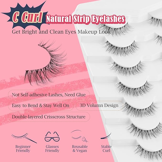 Natural Lashes False Eyelashes 12 MM Short Lashes WIspy 3D Volume Fake Eyelashes Pack C Curl Soft Eye Lash with Thin Cotton Band 7 Pair False Lashes Siligli-FemmiqueWomen