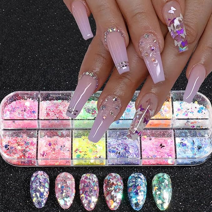 12 Grids Flaky Nail Art Glitter Sequins 3D Heart-Shaped Butterfly Ultra Thin Nail Art Sparkly Flake Designs Moon Stars Decorations Nail Glitter Sequins Suitable for Female Girl Nail Art Techniques-FemmiqueWomen