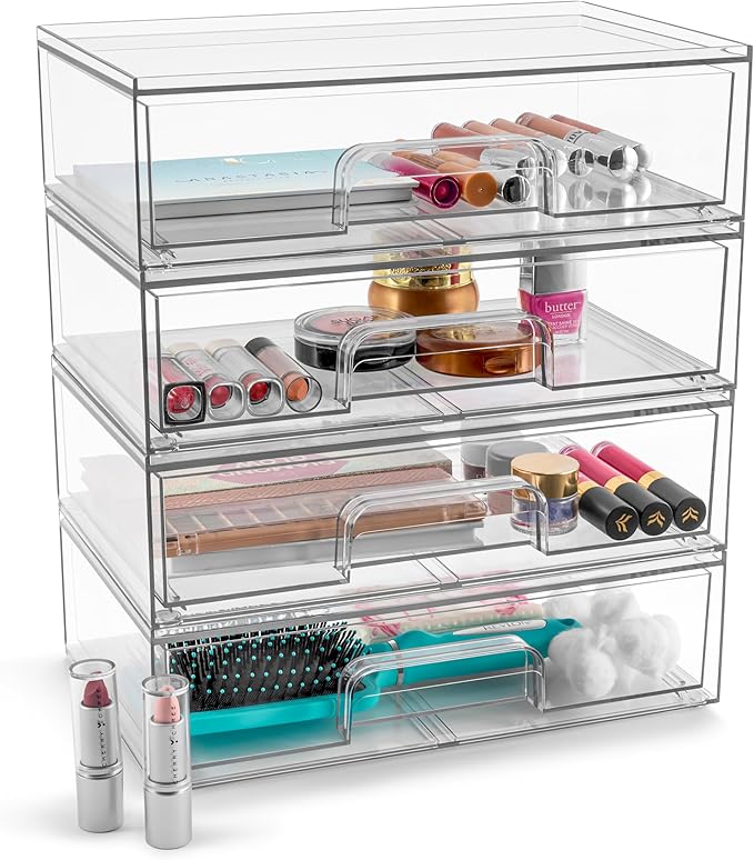 Sorbus Acrylic Storage Containers - 4 Pack, Stackable Storage Bins Set for Bathroom Organization - Clear Acrylic Drawer Organizers - Makeup Case Pull-Out Drawers (12.1’’ Wide)-FemmiqueWomen