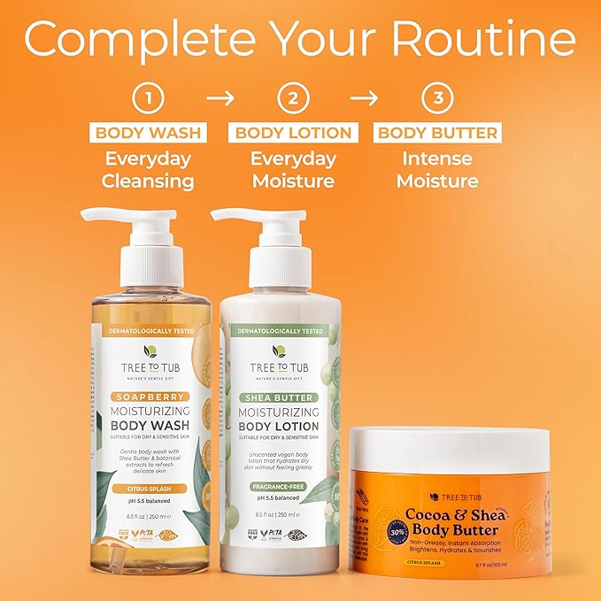 Tree to Tub Shea Body Butter for Dry, Extremely Dry, Sensitive Skin - Moisturizing Body Cream for Women & Men, Hydrating Body Lotion Moisturizer w/Vitamin C, Organic Cocoa, Citrus Scent-FemmiqueWomen