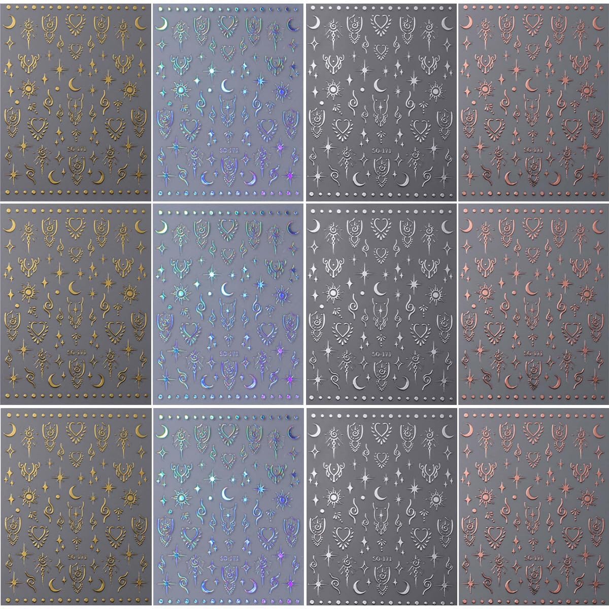 12 Sheets Metallic Nail Art Stickers - Sun Star, Moon Rose & More - 3D Self-Adhesive, Shiny Laser Gold & Silver - Holographic, Glitter for Women's Nail Manicure Decorations-FemmiqueWomen