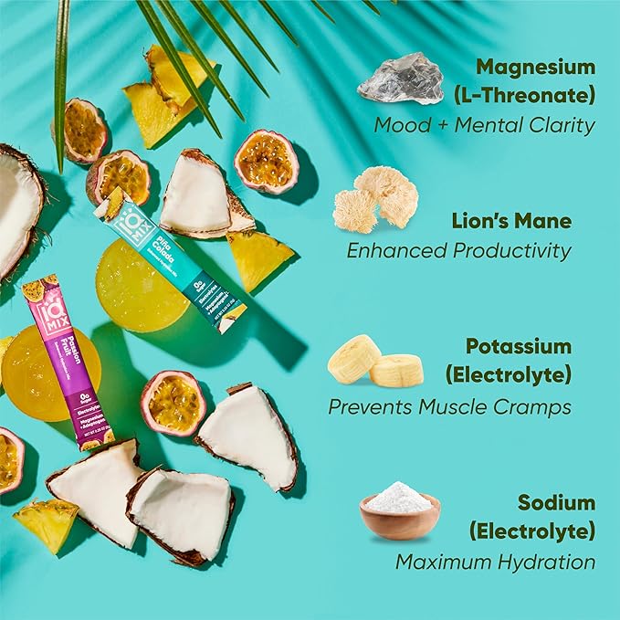 IQMIX Hydration Electrolyte Powder – 4-in-1 Formula for Hydration, Mental Clarity, Mood and Recovery – Sugar-Free Drink Mix, Keto, Magnesium L-Threonate, Lion’s Mane – 20 Count Tropical Variety Pack-FemmiqueWomen