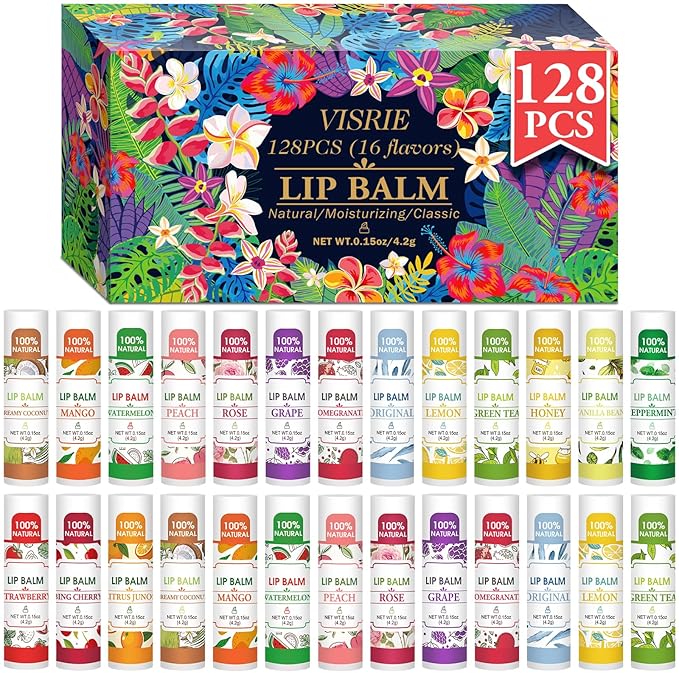 128 Pack Lip Balm, Natural Lip Balm Bulk with Vitamin E and Coconut Oil, Moisturizing Lip Balm for Dry Lips - 16 Flavors-FemmiqueWomen