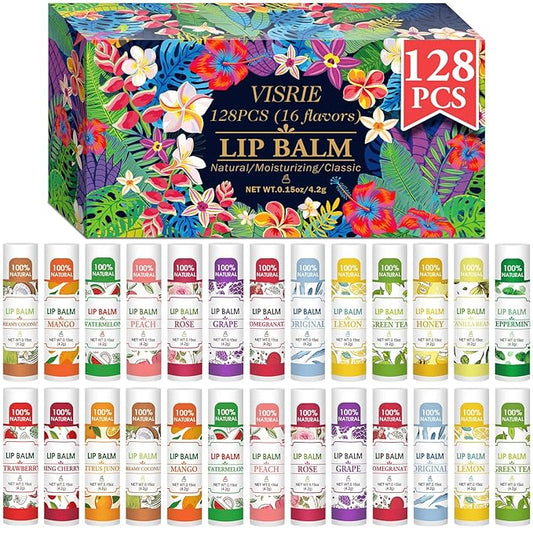 128 Pack Lip Balm, Natural Lip Balm Bulk with Vitamin E and Coconut Oil, Moisturizing Lip Balm for Dry Lips - 16 Flavors-FemmiqueWomen