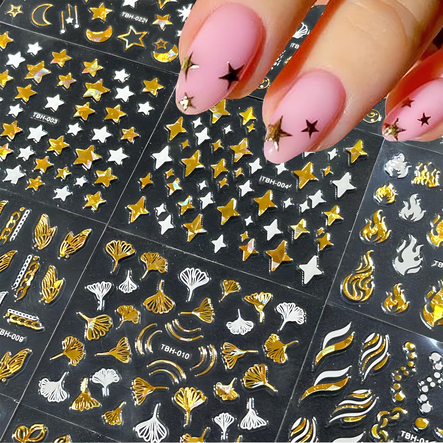 30 Sheets Gold Nail Art Stickers 3D Self Adhesive Star Nail Decals Gold Flower Nail Stickers for Nail Art Heart Snowflake Nail Art Design Decoration Accessories for Women and Girls, Style 2-FemmiqueWomen