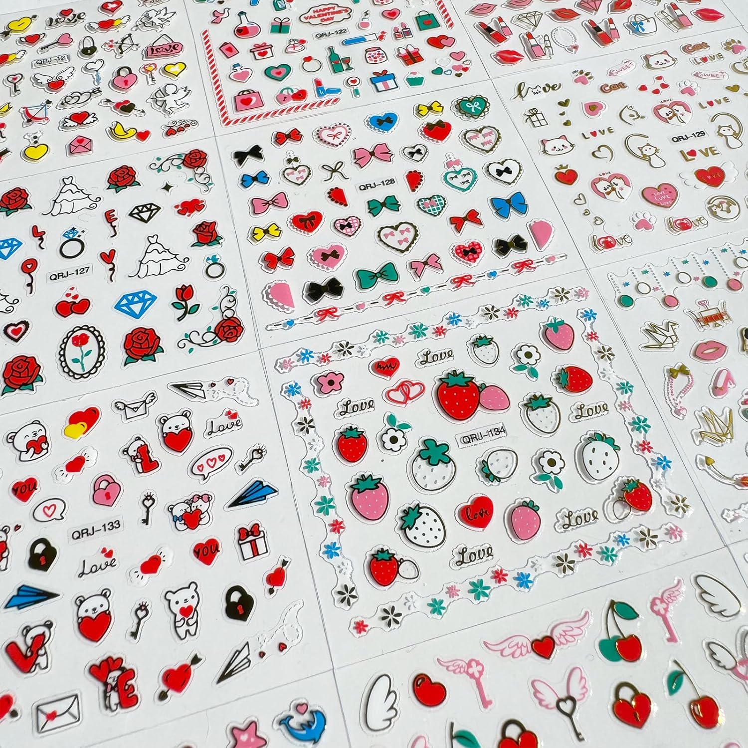 30 Sheets Heart Valentine Nail Art Stickers Decals 3D Self-Adhesive Pegatinas Uñas Red Heart Nail Decals Red Lips Rose Nail Supplies for DIY Acrylic Nail Art Decoration for Women and Girls-FemmiqueWomen