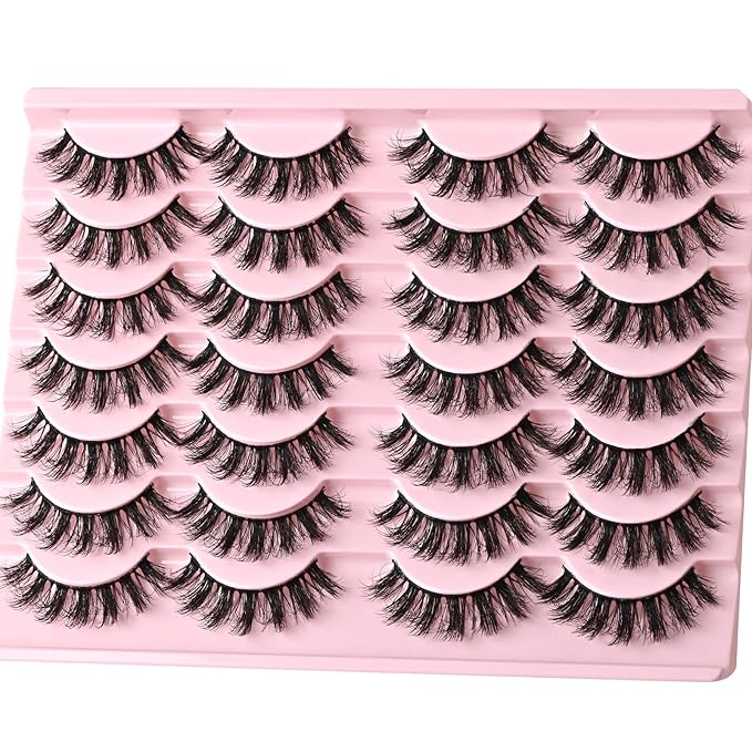 FARRED Fluffy Lashes Natural Eyelashes Short Wispy Eye Lash Strips 14 Pairs Separated Volume Eyelash Pack 16mm Dramatic Wispies Fake Strip Lashes Clusters Cat Eye Pestañas Spiky Look (F24 | 9-16mm)-FemmiqueWomen