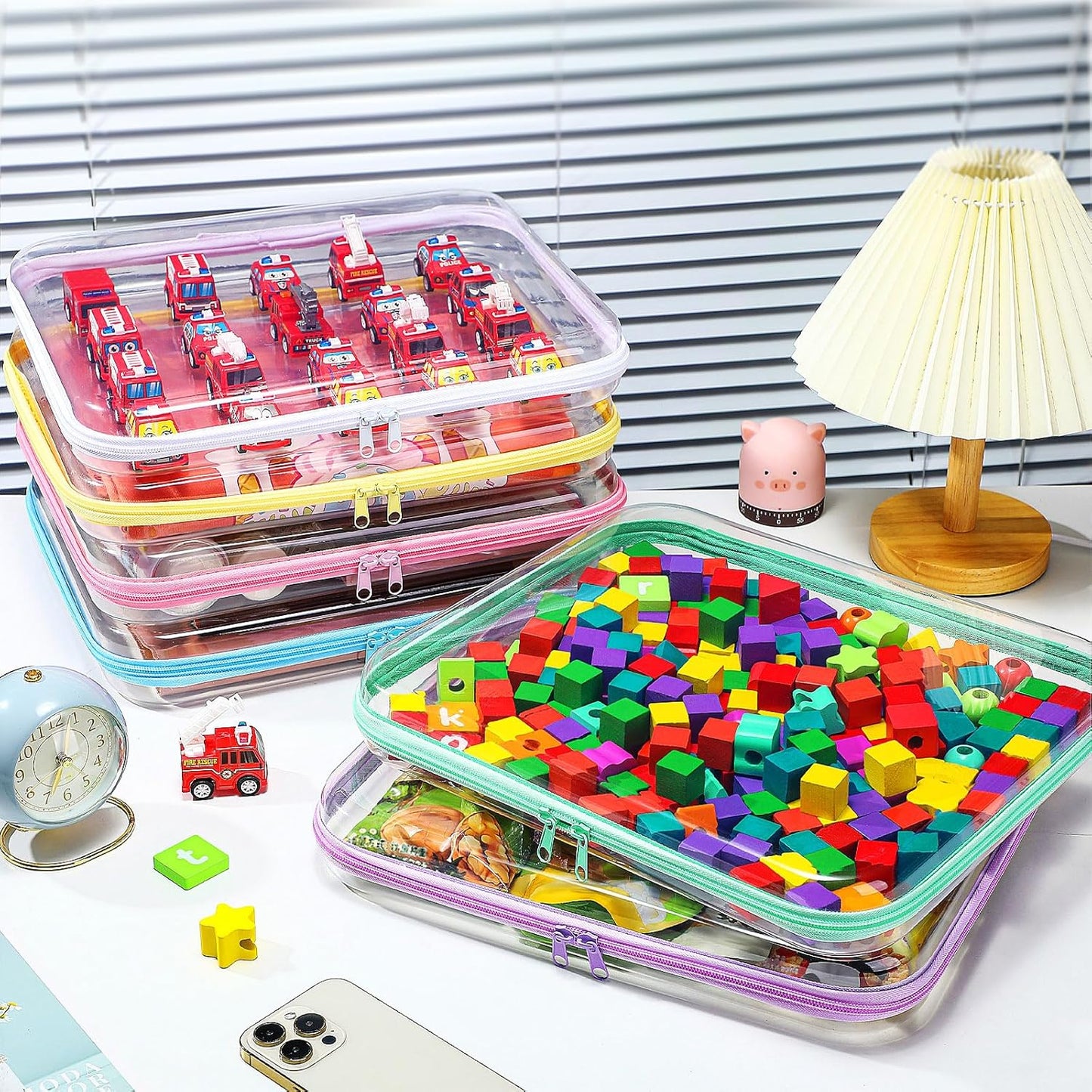 Sanwuta 6 Pcs Clear Hard Zipper Case Pencil Pouches Hard Plastic Zipper Pouches Makeup Bag Transparent Cases for Snacks Plastic Storage Organizer Box for Travel(Assorted Color,13.78 x 11.81 x 2 Inch)-FemmiqueWomen