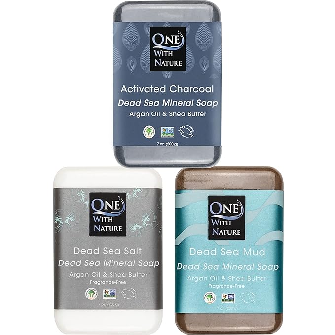 One With Nature Dead Sea Soap 7oz Variety 3Pk-Dead Sea Mud, Activated Charcoal, and Dead Sea Salt-Detoxifying and Exfoliating Soap Bars with Dead Sea Salt for Face & Body, for Men & Women-FemmiqueWomen