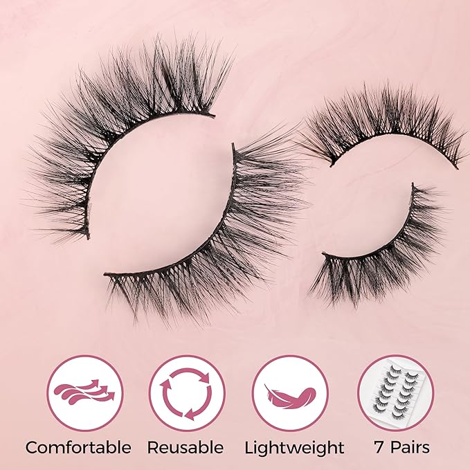 Fluffy Wispy Eyelashes 7 Pairs Natural Look Faux Mink Strip lashes, Lightweight D Curl Cat Eye Fake Lashes for Daily Wear, Reusable Eye Makeup Set-FemmiqueWomen