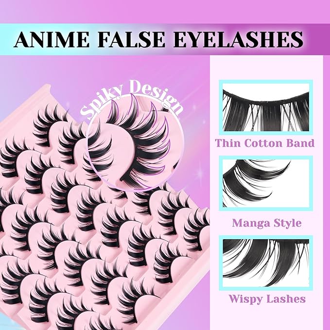 Losha Lashes Spiky Manga Lashes 14 Pairs Anime False Eyelashes 8D Wispy Eye Lashes Kit with Lash Glue and Lash Tweezers Natural Soft Fake Eyelashes (Cutes)-FemmiqueWomen