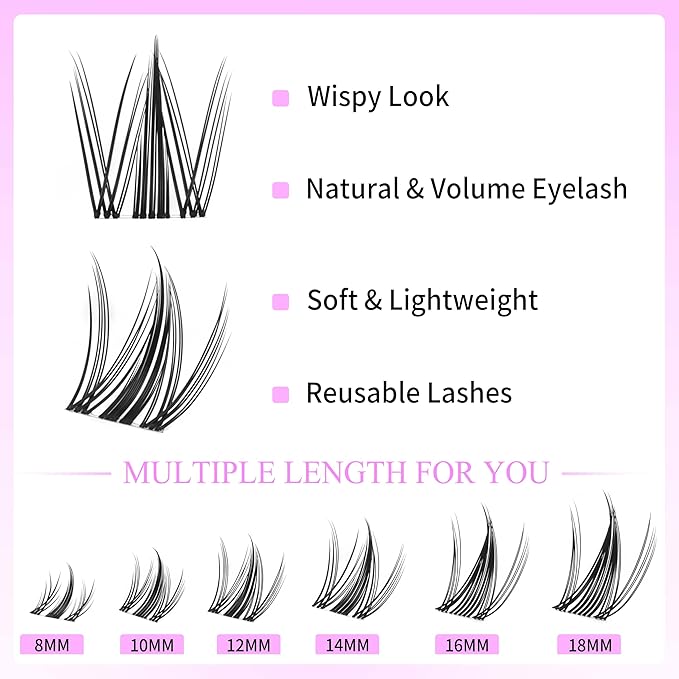 VEYESBEAUTY Lash Clusters Eyelash Extensions Thin & Invisible Band DIY Individual False Eyelashes Newbie's Five-Second Series Wispy Lash Tray for Self-application, Manga Lashes 8-18mm Mixed Length-FemmiqueWomen