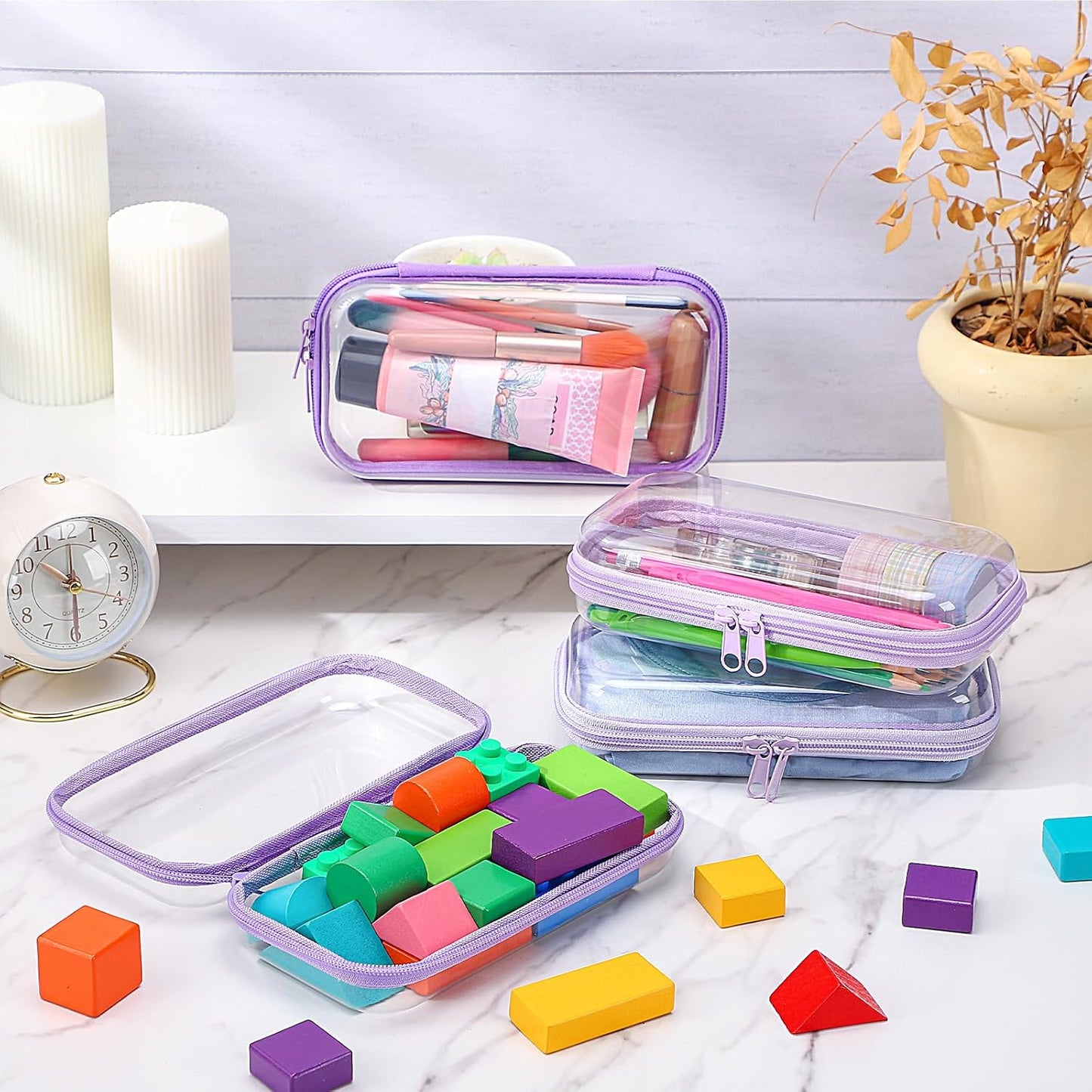 Hoolerry 4 Pcs Hard Clear Zipper Case Makeup Bags Plastic Pencil Pouch Transparent Storage Box Containers for Cosmetics, Snacks, Building Blocks, Puzzles(Purple,7.5 x 3.9 x 2 in)-FemmiqueWomen