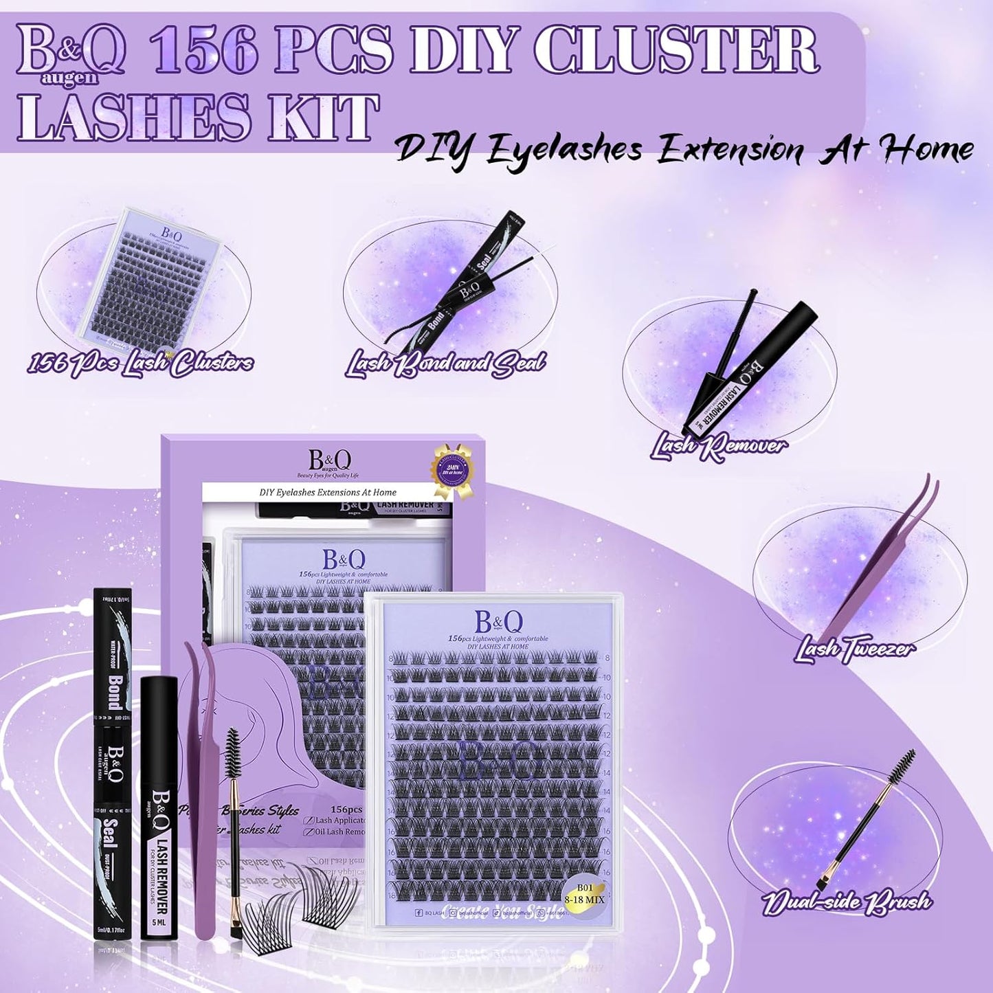 Lash Extension Kit B01 Eyelash Extension Kit B&Qaugen DIY Lash Extension Kit 156 PCS Lash Clusters 8-18mm Cluster Eyelash Extensions Kit with Lash Bond and Seal Lash Applicator Tool (Kit,B01)-FemmiqueWomen