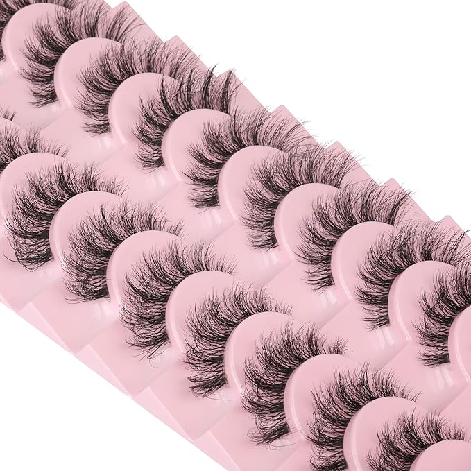 FANXITON Mink Lashes with Clear Band 15 MM 10 Pairs Cat-Eye Lashes Natural Look False Eyelashes Pack Wispy Eyelashes 3D Faux Mink Eyelashes-FemmiqueWomen