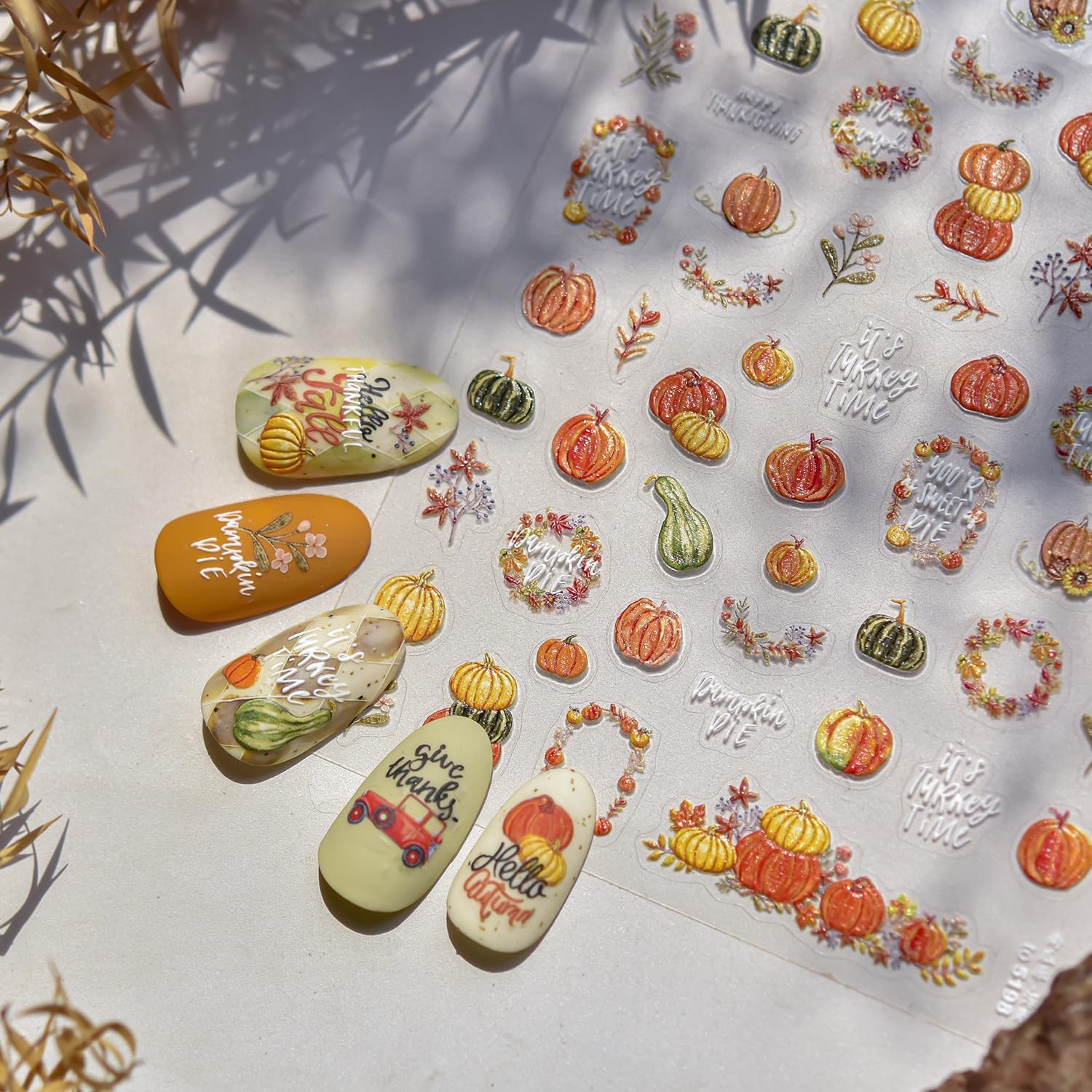 1 Sheets Embossed Pumpkin Nail Decals for Nail Art Thanksgiving Day Fall Nail Stickers 5D Self-Adhesive Autumn Leaf Nail Art Stickers Cute Pumpkins Nail Decal for Women DIY Manicure Decor-FemmiqueWomen