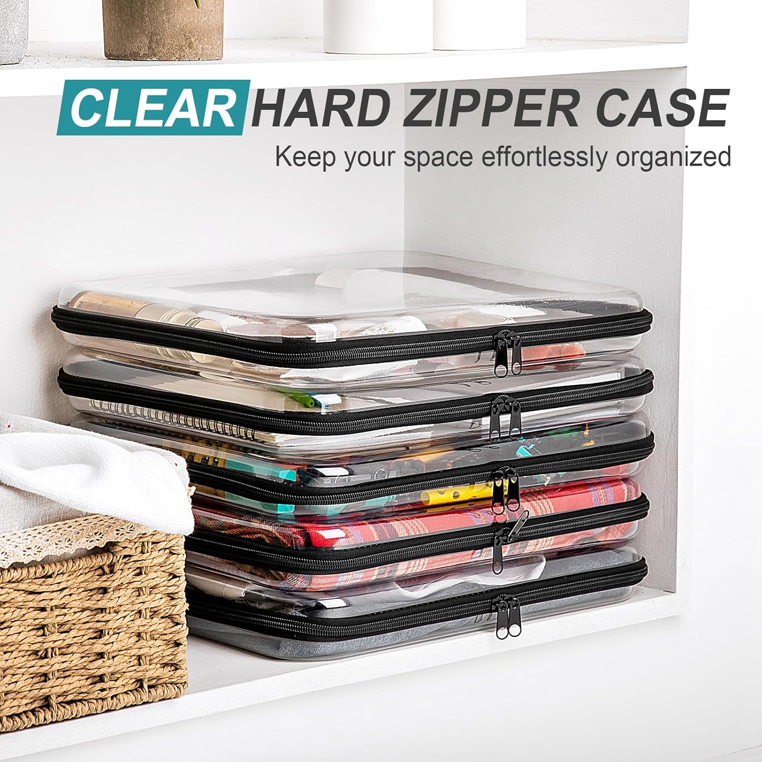 Sanwuta 6 Pcs Clear Hard Zipper Case Pencil Pouches Hard Plastic Zipper Pouches Makeup Bag Transparent Cases for Snacks Plastic Storage Organizer Box for Travel(Black,13.78 x 11.81 x 2 Inch)-FemmiqueWomen